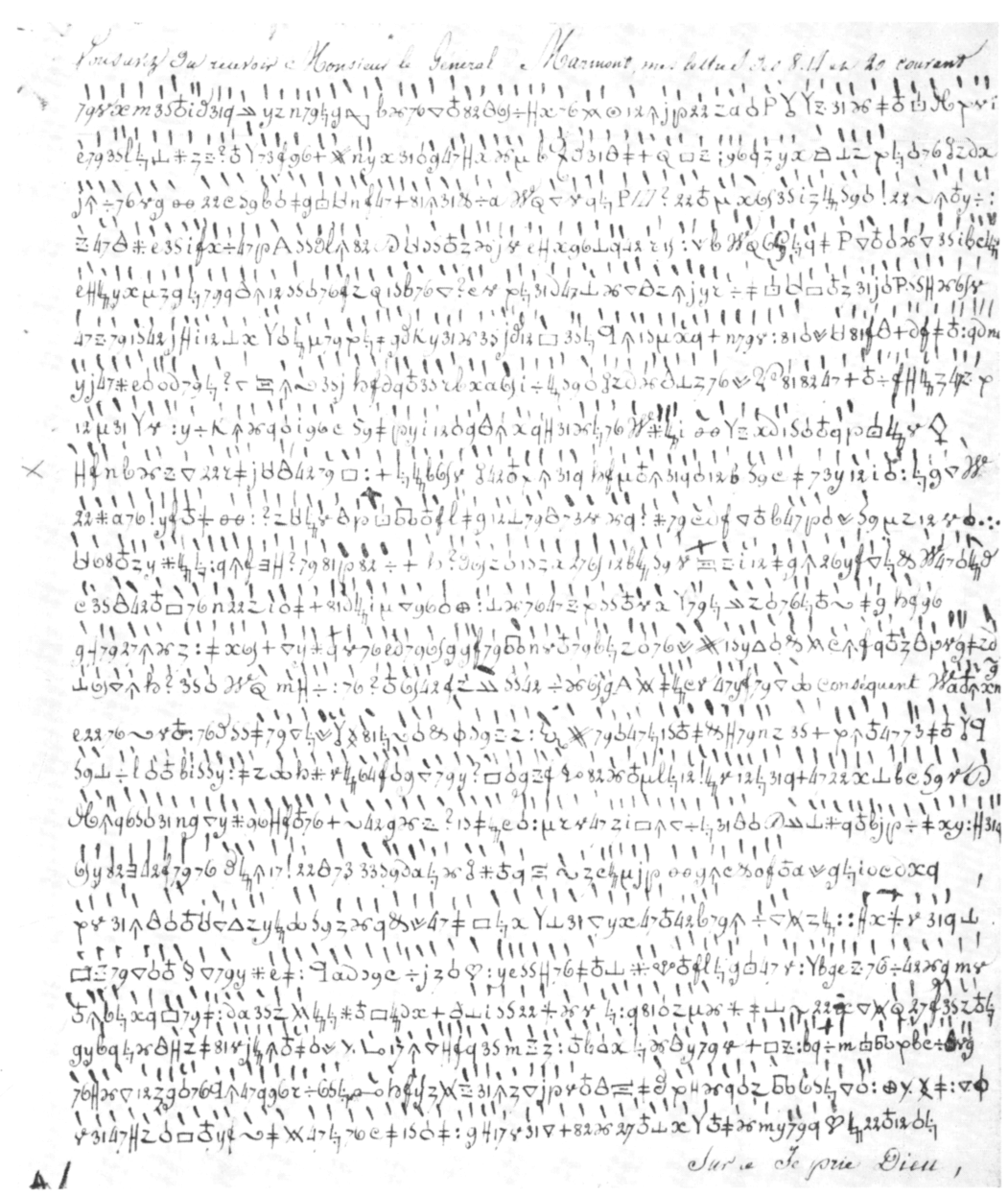 The encoded letter to Marmont, with a clear French opening followed by rows of handwritten numbers and symbols