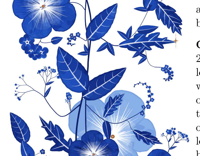 Close-up of blue flowers and leaves drawn by Florilegium