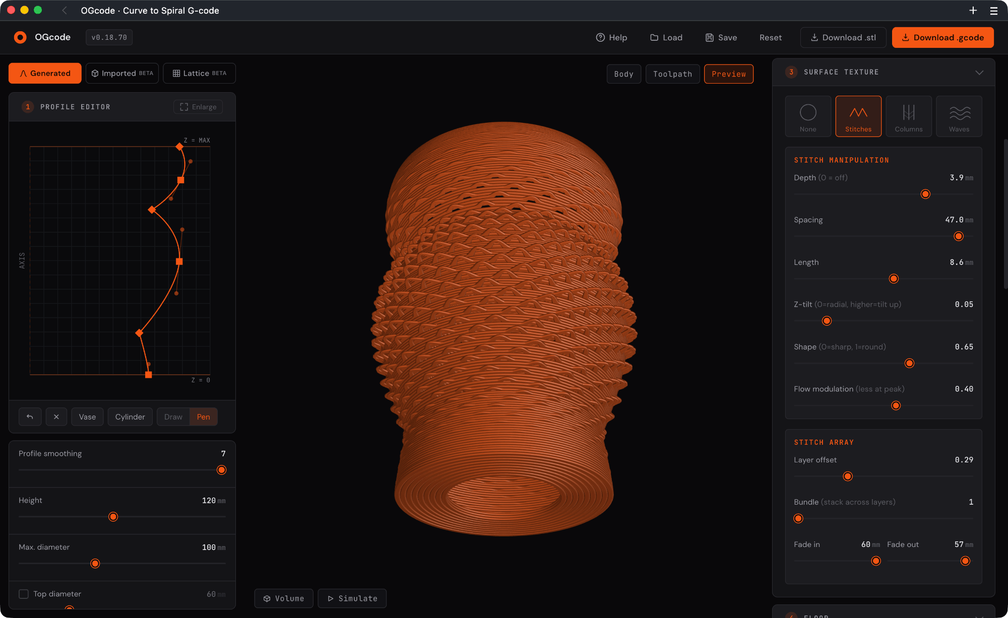 OGCode interface with a profile curve on the left, an orange 3D preview in the centre, and stitch-texture controls on the right